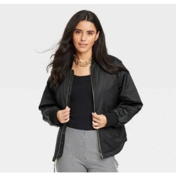 A New Day Bomber Jacket Black Full Zip Water Resistant NWT - Picture 1 of 10